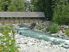 A covered pedestrian bridge in Whistler Village