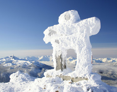 An ice and snow inukshuk in the Whistler Mountain