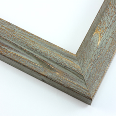 This simple frame is covered with a matte grey wash that highlights the natural wood grain.  An antique look is created with a gold patina.

1.5 " width: ideal for small to medium images. Border a rustic nature photograph, or autumnal painting or print with this simple, bucolic frame.