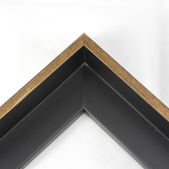 This L-shaped modern canvas floater frame, features a smooth curved wall, and a brushed gold face. 

*Note: These solid wood, custom canvas floaters are for stretched canvas prints and paintings, and raised wood panels.