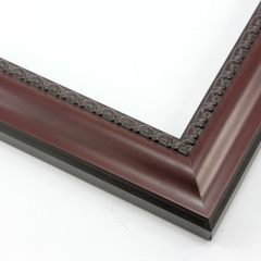 This shallow reverse scoop frame features a smooth face in a deep mahogany wash with a subtle view of the natural wood grain. The inner lip is a horseshoe relief design in black, and the black outer edge has a slight bevel.

1.5 " width: ideal for medium size artwork.  The simple elegance of this frame makes it the perfect border for photographs, paintings and giclee prints.