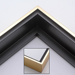This solid wood canvas floater picture frame features a shiny brushed gold on the outside edge and narrow face.  The long inside step and base are a matte black. 

Display your favourite gallery wrapped canvas Giclée print or oil painting with authentic, fine art style. This canvas floating frame is ideal for large images on 1.5 " deep (thick) canvases.

*Note: These canvas floaters are for stretched canvas prints and paintings, and raised wood panels.