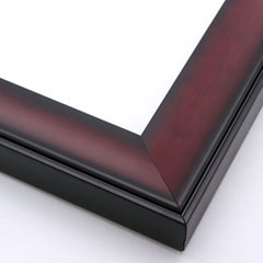 This solid wood frame has a shallow scoop profile and matte black edging.  The face features an ombre fade into and out of a rich mahogany with a faint wood-grain finish. 

2 " width: ideal for medium or large images.  This heavy frame is the perfect border for a bold watercolour or oil painting, or print.