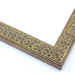 This slim, ornamented design features bevelled inner and outer edges and a celtic cross pattern in relief  The solid wood frame is covered in a gold foil with a faint brown patina that gives it an antiqued look.

1.25 " width: ideal for smaller artwork.  Photographs, paintings and giclee prints will shine within this detailed frame.