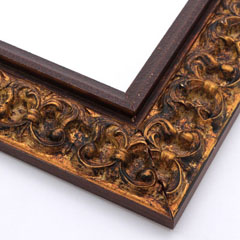 This ornate, intricate frame features a bold relief design in black-mottled, antique gold foil.  The raised inner lip is a roughly textured, matte gold-brown.

2.75 " width: ideal for large images.  Select a strong piece of artwork to avoid having it overpowered by this decadent frame.