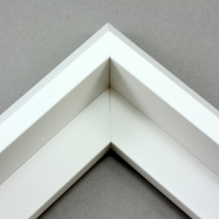 This unique floater frame for stretched canvas features a narrow, 0.5 " face that falls into a steep reverse slant toward the outer edge of the frame.  The modern style is finished in matte white.

Ideal for mounting medium to extra large, thick (1.5 " deep) gallery wrapped canvas portraits, paintings or Giclée prints. The canvas will extend slightly farther than the face of the frame. 

*Note: These solid wood, custom canvas floaters are for stretched canvas prints and paintings, and raised wood panels.