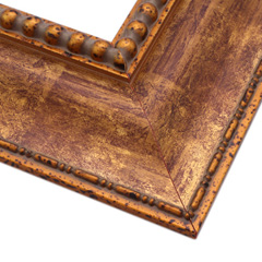 This large, reverse scoop profile frame features a textured gold foil over solid wood.  Raised beading adorns the inner lip and a line-dot print runs along the edge.  Various techniques give an antiqued look.

3.875 " width: ideal for large or oversize images.  This striking frame supplies the perfect border for a big oil or watercolour painting or print, or a high fashion photograph.