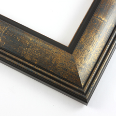 This ornate frame features a double ridged outer edge and matte black and gold foil (drop edge), stepped lip. The face is mottled with blue grey and gold foil for an antique, high fashion effect.

2 " width: ideal for medium size artwork.  Border an elaborate oil painting or print with this unique, stylish frame.