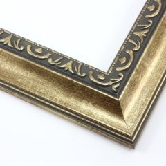 This classic, Victorian-style frame features a solid wood, reverse scoop profile.  The relief-detailed inner lip and sloped face are a textured gold foil, edged in a subtle bevel.

2 " width: ideal for medium size images. Border an acrylic or oil painting or print with this antiqued, high fashion frame.