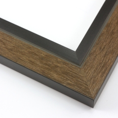 This unique frame with a raw wood face features long edge grain texture and a grey-tone brown wash.  The frame forms a shallow V, with the matte black inner lip sloping out and then rising again (see illustration). The outer drop edge is also matte black.

2 " width: ideal for medium size artwork.  The modern style of this frame makes it a great match to more contemporary paintings and photography.