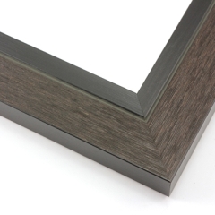 This unique frame with a raw wood face features long edge grain texture and a deep brown wash.  The frame forms a shallow V, with the matte black inner lip sloping out and then rising again (see illustration). The outer drop edge is also matte black.

2 " width: ideal for medium size artwork.  The modern style of this frame makes it a great match to more contemporary paintings and photography.