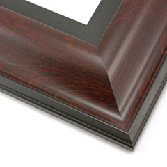 This wide, reverse scoop frame features a rich mahogany wash that highlights the natural wood grain.  The bevelled outer edge and stepped inner lip are matte black.

3.5 " width: ideal for oversize images. Bright acrylic and oil paintings or their giclee prints will shine in this classic frame.